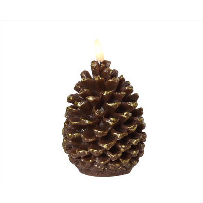 Emery Jensen CMAS flameless candle in a brown cone shape, showcasing a realistic flickering LED light for safe, cozy ambiance.