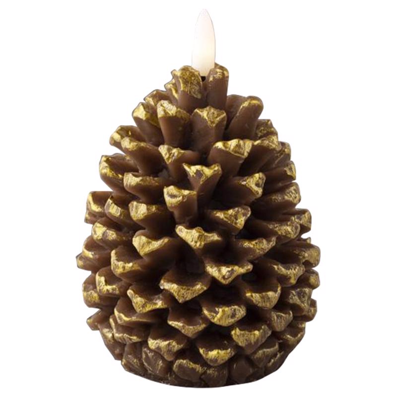 Emery Jensen LED pinecone flameless candle with realistic pinecone design, battery-operated for safe, decorative lighting.