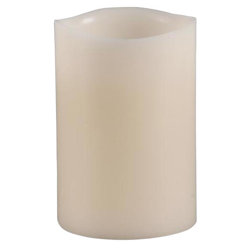 Emery Jensen melted edge pillar flameless candle with a realistic flickering glow and textured wax finish.