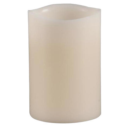Emery Jensen melted edge pillar flameless candle with a realistic flickering glow and textured wax finish.