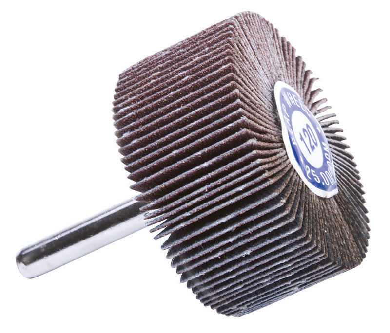 Emery Jensen 2x1 inch flap wheel with 120 grit abrasive for grinding and finishing metal surfaces.