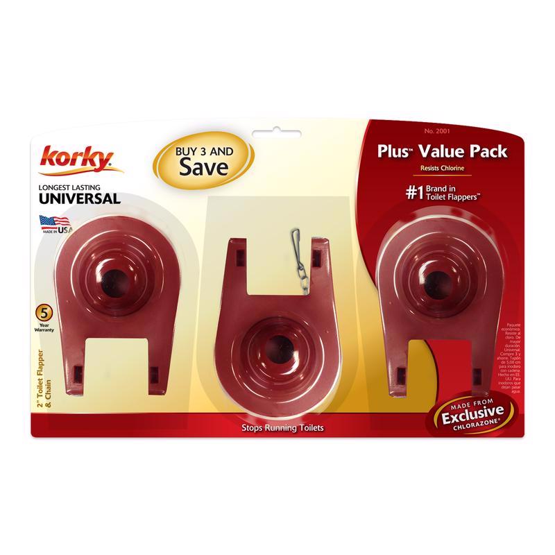 Emery Jensen Korky Plus Flapper 3 Pack with toilet flappers, tank ball, and seat disc for toilet repair.