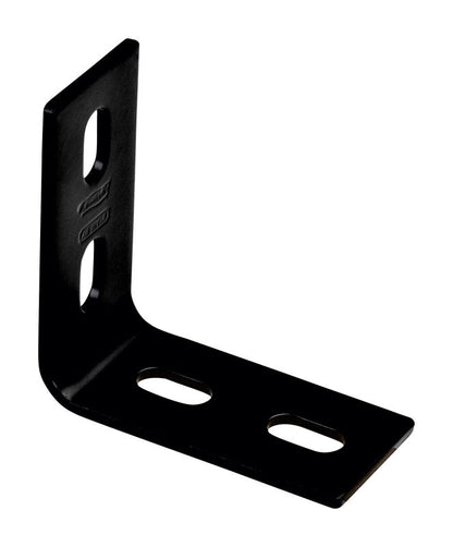 Black flat corner iron brace by Emery Jensen, 3.1x1.5 inches, used for reinforcing corners in construction projects.