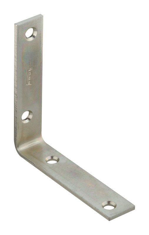 Emery Jensen flat corner iron in zinc finish, 4x7/8 inch, used for reinforcing and securing corners in woodworking projects.