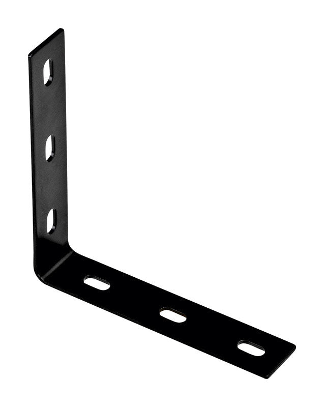 Black flat corner iron brace by Emery Jensen, measuring 7.1 x 1.5 inches, used for corner reinforcement and framing.