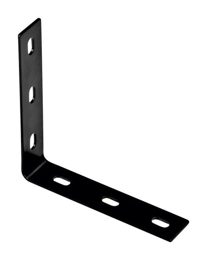 Black flat corner iron brace by Emery Jensen, measuring 7.1 x 1.5 inches, used for corner reinforcement and framing.