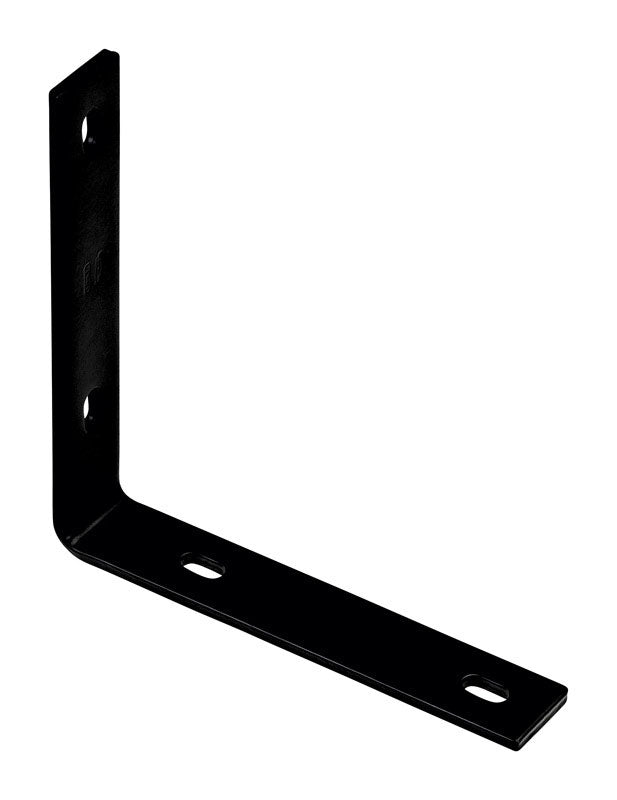 Black flat corner iron brace from Emery Jensen, 8.25x1.5 inches, designed for reinforcing corners in construction projects.