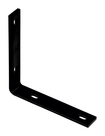 Black flat corner iron brace from Emery Jensen, 8.25x1.5 inches, designed for reinforcing corners in construction projects.
