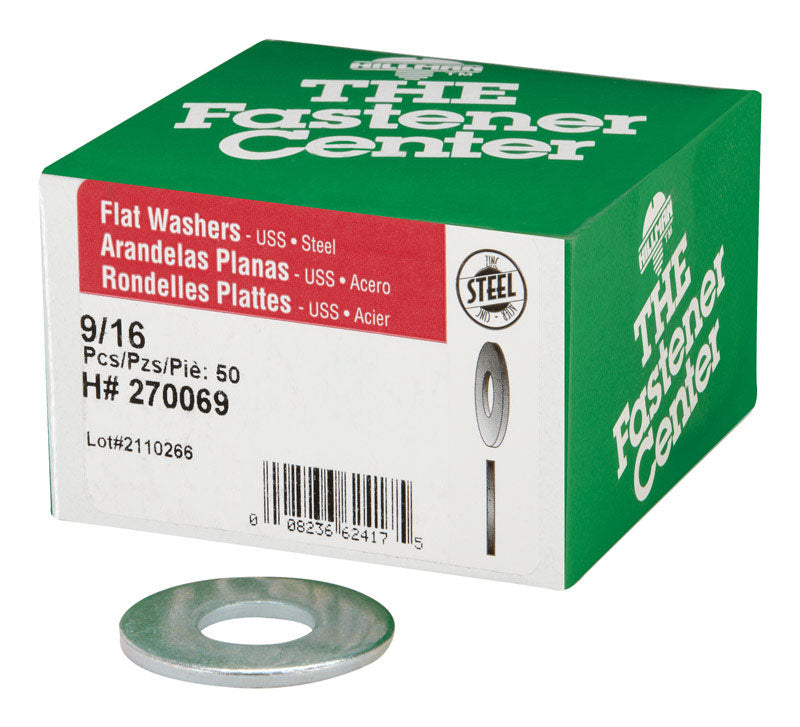 Emery Jensen USS 9/16-inch flat washer, box of 50, used for hardware and fastening applications.