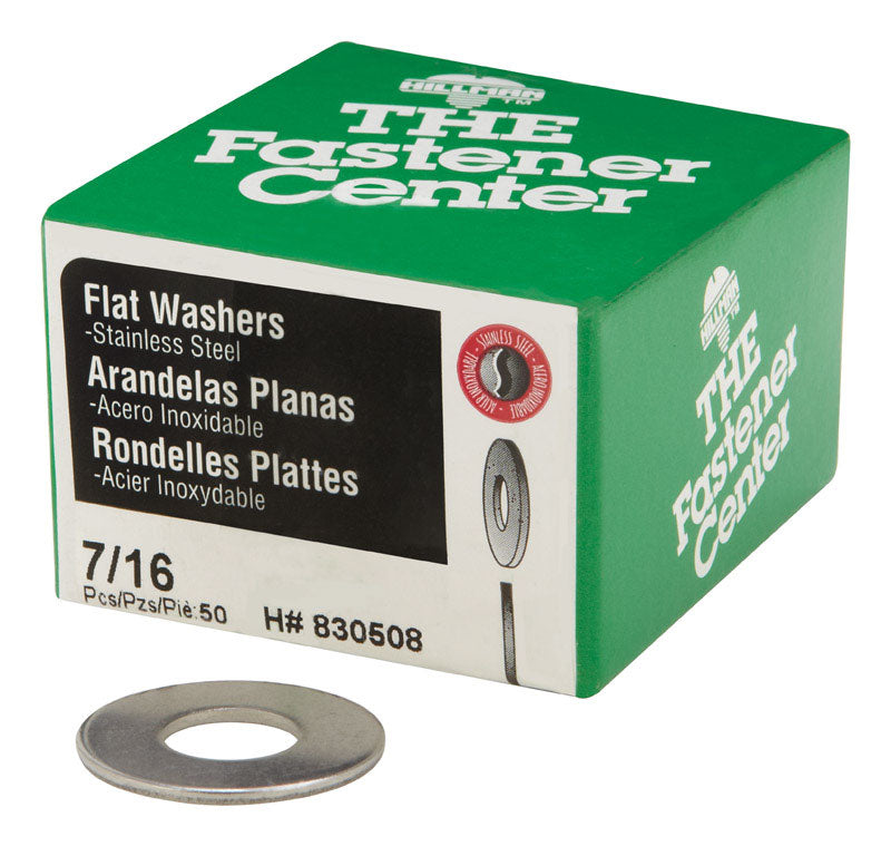 Emery Jensen flat washer, 7/16 inch size, made of stainless steel, shown in a box of 50 pieces, used for hardware and fastening.