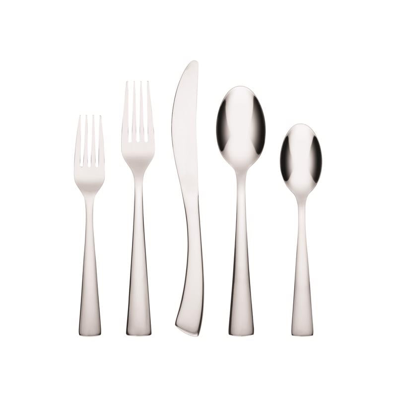 Emery Jensen mirror finish flatware set with 20 pieces, including forks, knives, and spoons, arranged on a white background.