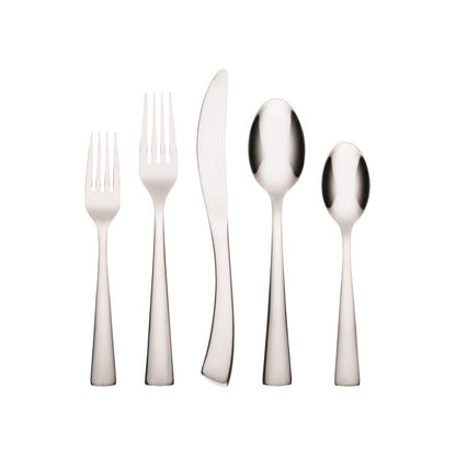 Emery Jensen mirror finish flatware set with 20 pieces, including forks, knives, and spoons, arranged on a white background.