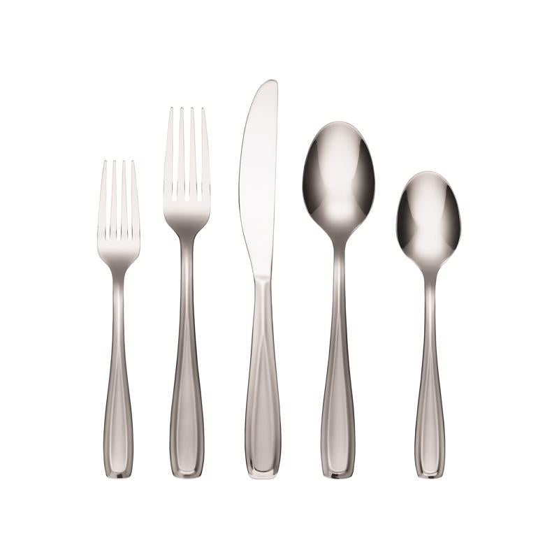Emery Jensen silver flatware set with 20 pieces including forks, knives, and spoons arranged on a table.