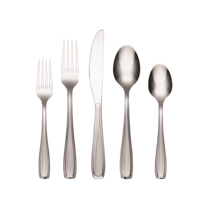 Emery Jensen silver flatware set with 20 pieces including forks, knives, and spoons arranged on a table.