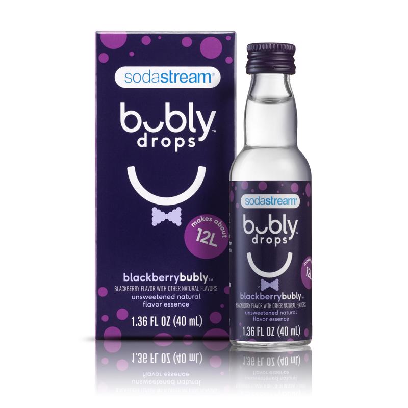 Emery Jensen BUBLY Blackberry Drops flavor in a clear container, showcasing blackberries and drops for flavor enhancement.