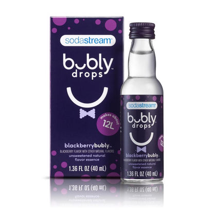 Emery Jensen BUBLY Blackberry Drops flavor in a clear container, showcasing blackberries and drops for flavor enhancement.