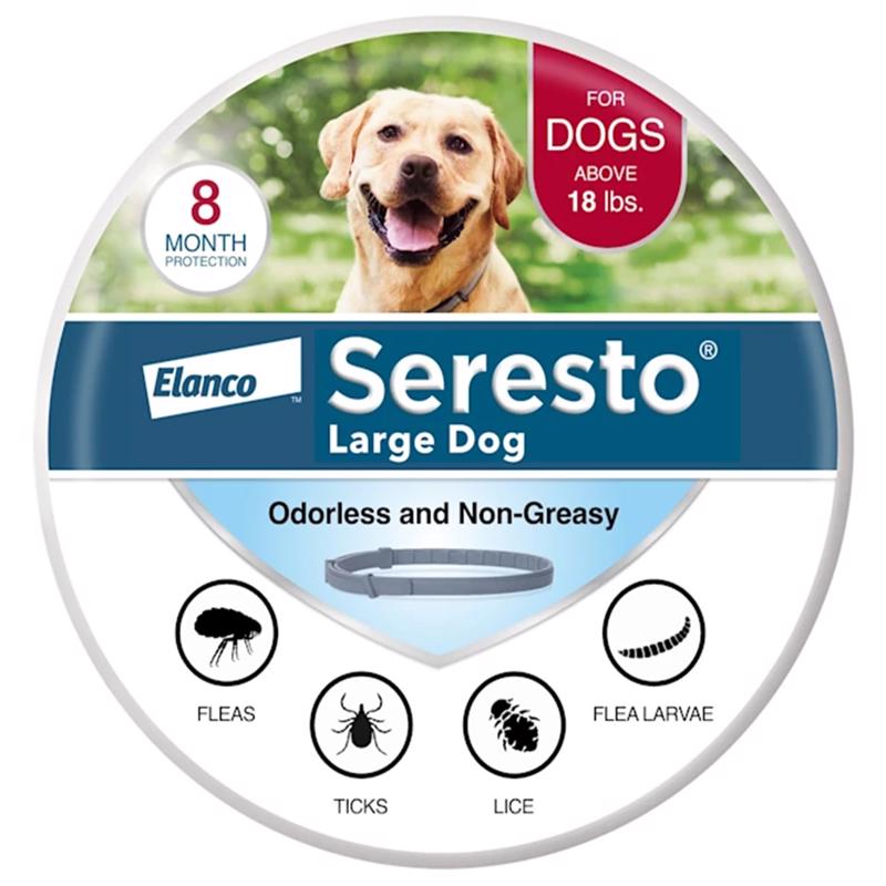 Emery Jensen Seresto large dog collar for flea and tick prevention, shown in black with adjustable strap and secure buckle.