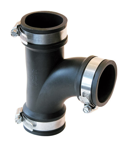 Emery Jensen DWV TEE FLEX PVC 1-1/2 inch flexible PVC fitting with side connections for plumbing or drainage systems.