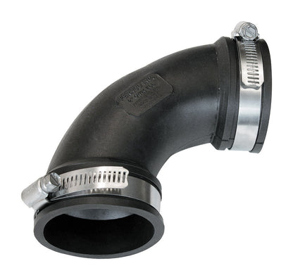 Emery Jensen 90-degree elbow flex fitting for ELS, tees, Y-splits, or adapters, shown in a close-up of the black plastic fitting.