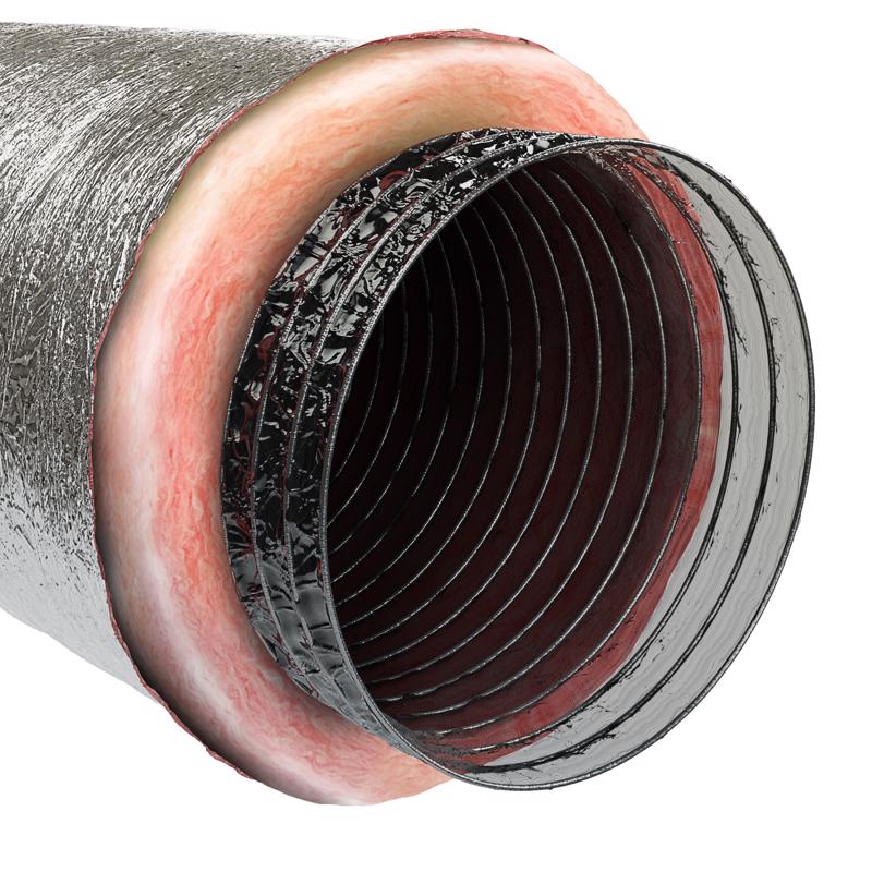 Silver flexible insulated ducting from Emery Jensen, 12x25 inches, designed for efficient HVAC airflow and insulation.