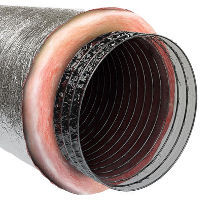 Silver flexible insulated ducting from Emery Jensen, 12x25 inches, designed for efficient HVAC airflow and insulation.