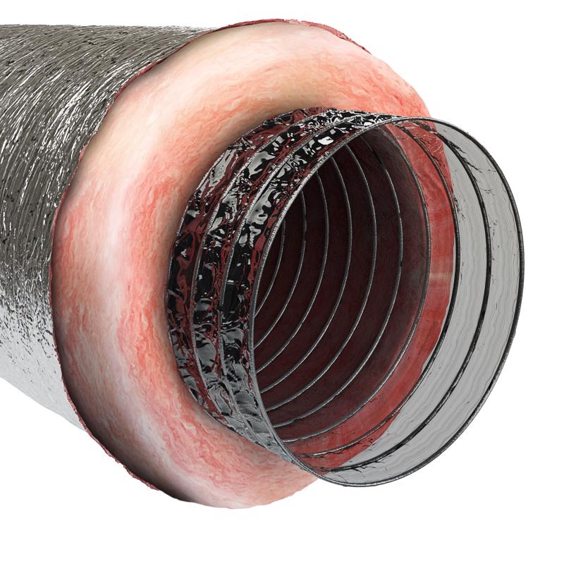 Flexible insulated duct from Emery Jensen, 8x25 inches, silver-colored, R8 insulation, designed for HVAC ventilation systems.
