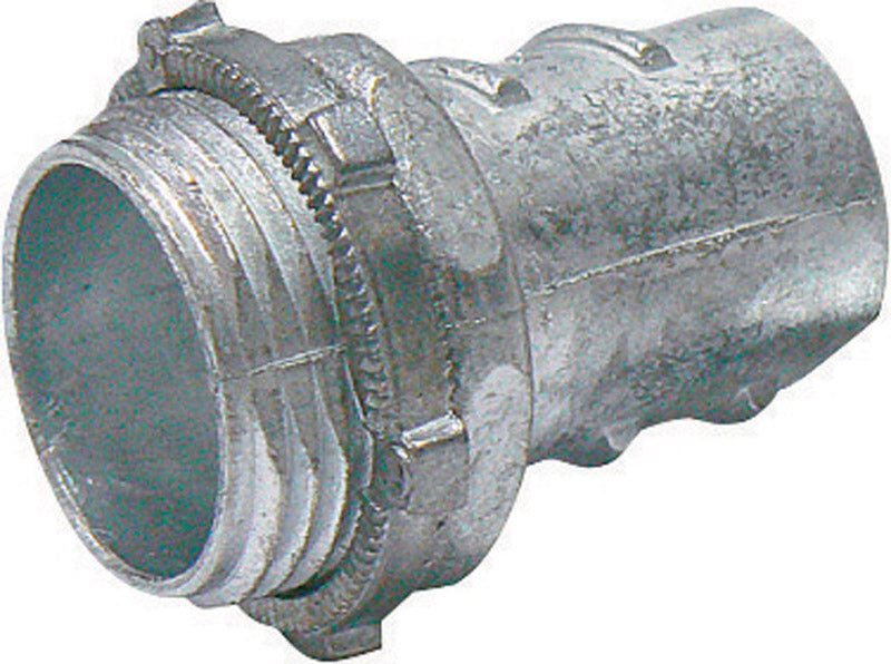 Flexible metallic fitting, 1/2-inch screw-in connector, Emery Jensen bulk pack of 50 for plumbing or electrical applications.