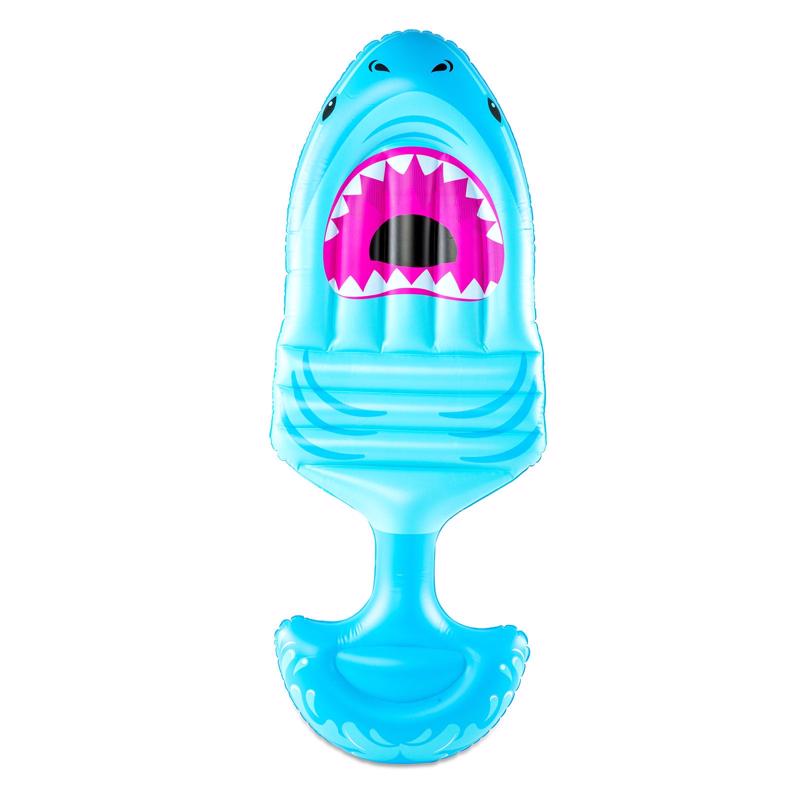 Emery Jensen pool float shark seat made of durable PVC, designed for relaxing and lounging in the water.