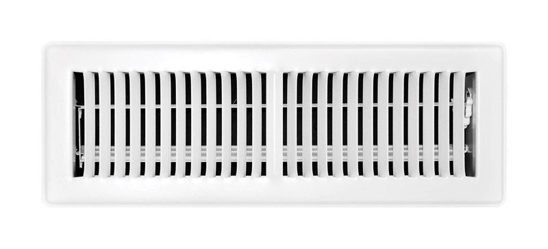 White 14x4 inch Emery Jensen floor register vent cover for HVAC airflow in a home or office.