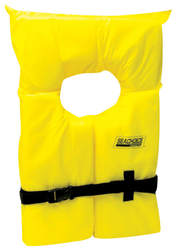 Yellow child life vest by Emery Jensen, flotation jacket with adjustable straps and safety features for water safety.