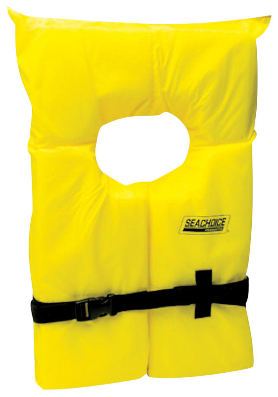 Yellow XL Emery Jensen life vest, flotation jacket with adjustable straps and bright safety color for boating or water activities.