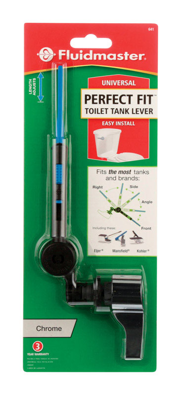 Universal tank lever flush lever by Emery Jensen, showing a chrome finish and adjustable arm for toilet tank replacement.