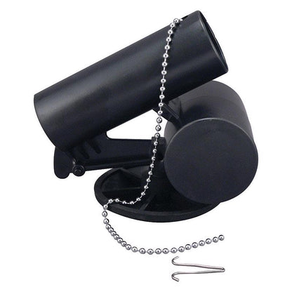 Black actuating unit for flush valves by Emery Jensen, shown in a close-up image highlighting its compact design and connection points.