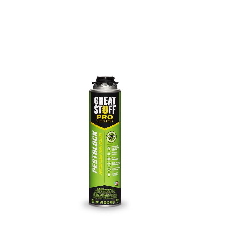 Emery Jensen PestBlock foam sealant in 20oz can, showing the sealed foam application for pest and air sealing.