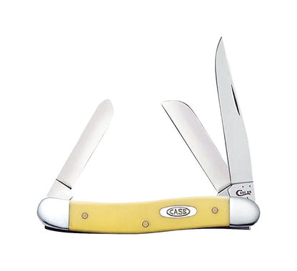 Emery Jensen PKT knife folding knife with yellow handle, 3.63-inch blade, showcasing open design and stainless steel construction.