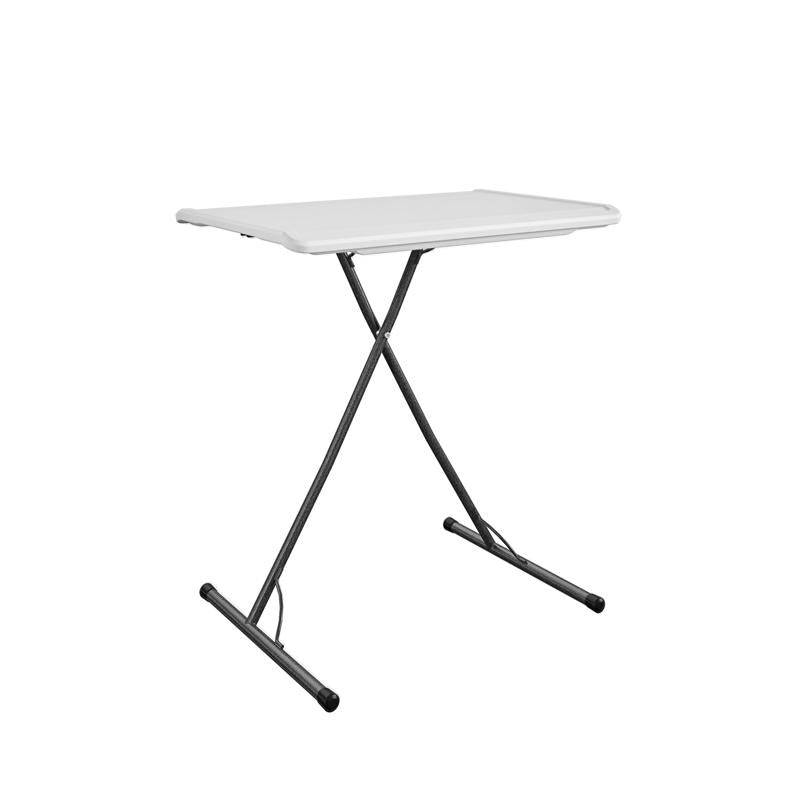 White adjustable folding table by Emery Jensen, 31.26 inches, with a sturdy frame and smooth surface for versatile use.