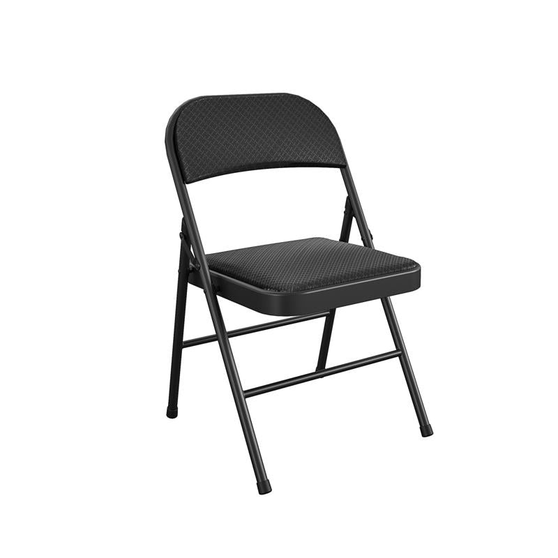 Black fabric fold chair by Emery Jensen, lightweight and portable with sturdy frame, ideal for folding table and event seating.