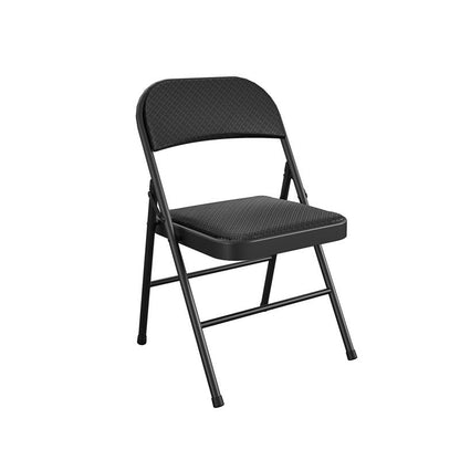 Black fabric fold chair by Emery Jensen, lightweight and portable with sturdy frame, ideal for folding table and event seating.