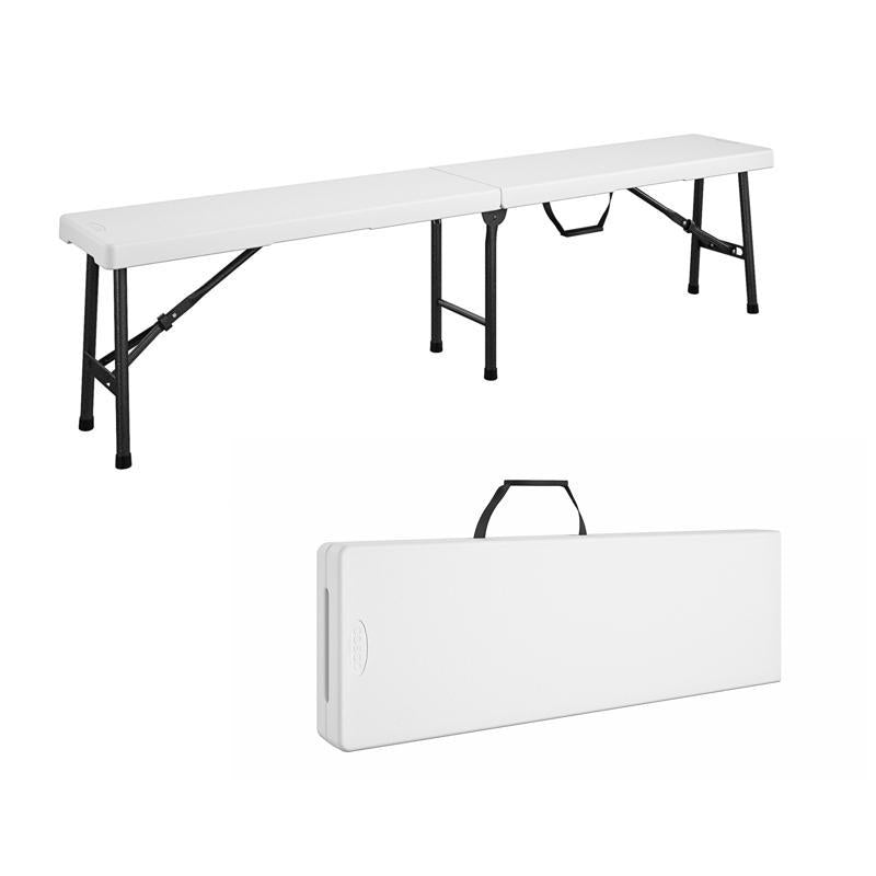 White 72-inch folding bench by Emery Jensen, lightweight and portable folding table suitable for events or gatherings.