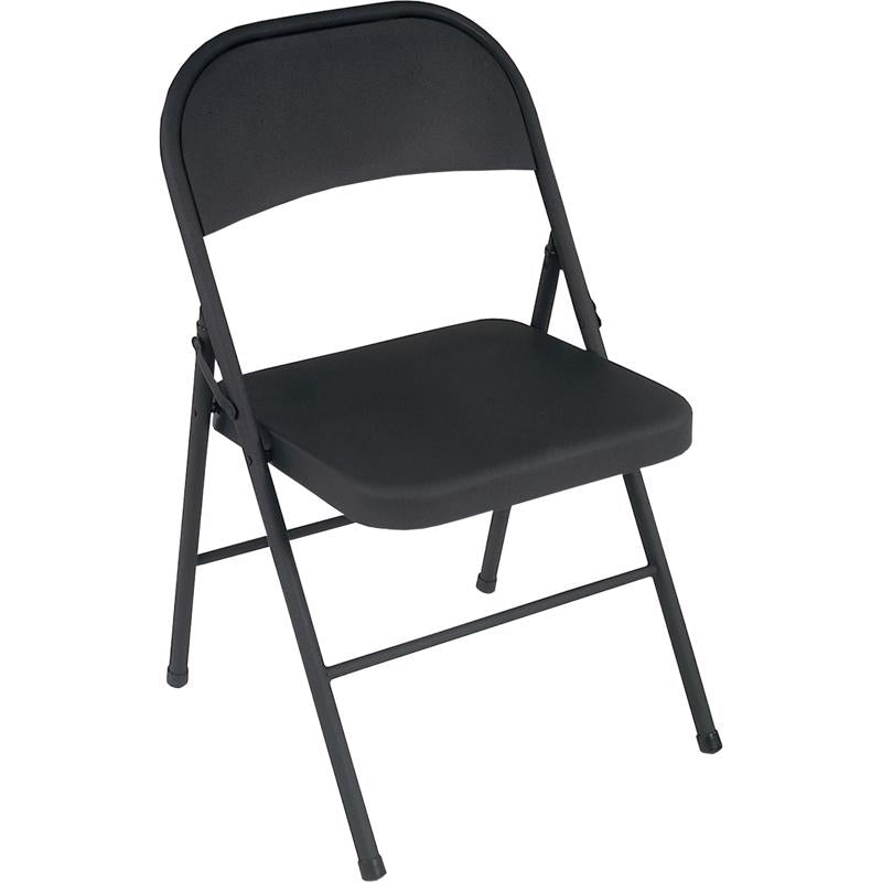 Black steel folding chair by Emery Jensen, lightweight and portable for versatile seating options.