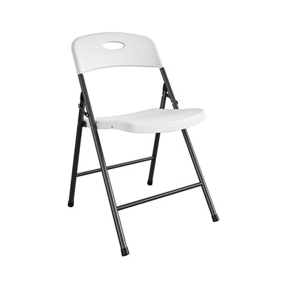 White folding chair by Emery Jensen, sturdy and lightweight, designed to support up to 250 pounds.