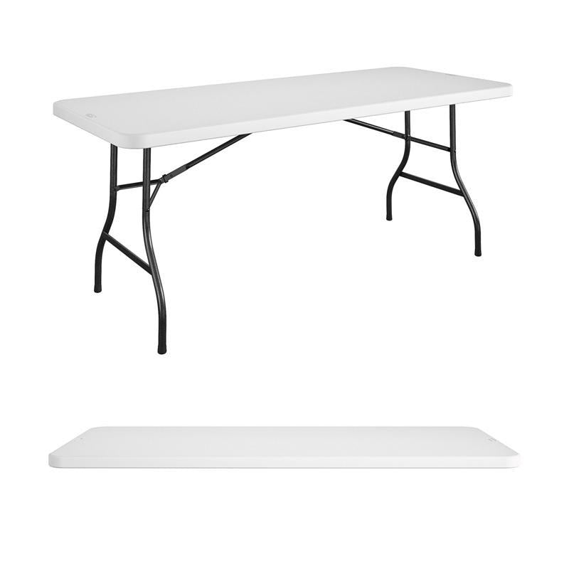 White 72-inch folding table by Emery Jensen, shown set up with a smooth surface and sturdy folding legs for versatile use.