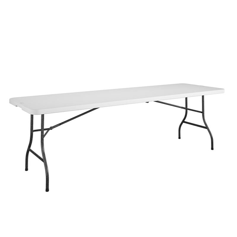 Emery Jensen 8ft plastic folding table, sturdy portable table for events and gatherings, with smooth surface and foldable design.