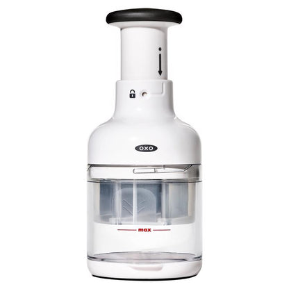 White Emery Jensen food chopper with stainless steel blades, compact design, and easy-to-use handle for efficient food preparation.