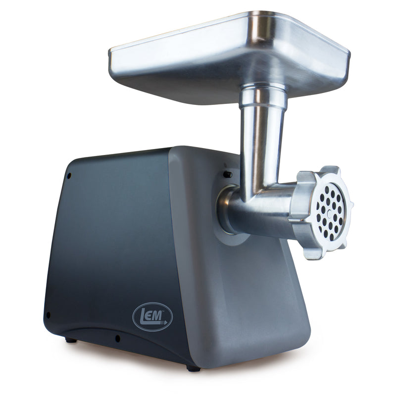 Emery Jensen meat grinder with a 575W motor, black countertop food grinder with stainless steel components and a compact design.