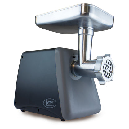Emery Jensen meat grinder with a 575W motor, black countertop food grinder with stainless steel components and a compact design.