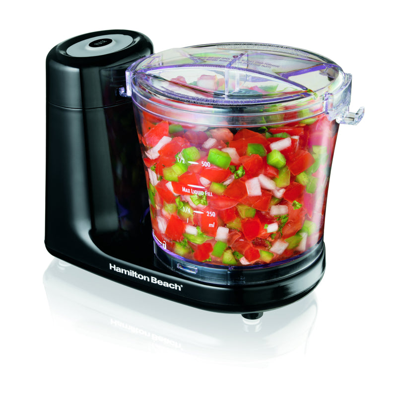 Black Emery Jensen Food Processor and Chopper with three cutting plates, compact design for efficient food preparation.