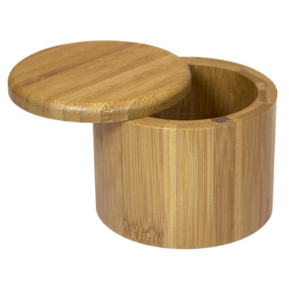 Set of 12 Emery Jensen brown salt cellars, 3.5 inches, for food storage, with clear lids for easy salt access.