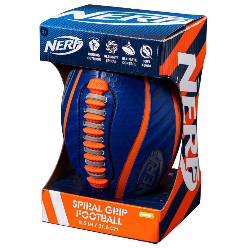 Blue foam football from Emery Jensen, soft and lightweight soccer ball suitable for indoor play or training sessions.
