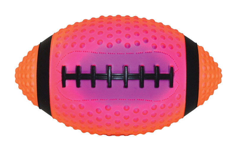 Neon 8.5-inch rubber football from Emery Jensen, designed for soccer and recreational play, with bright neon coloring.